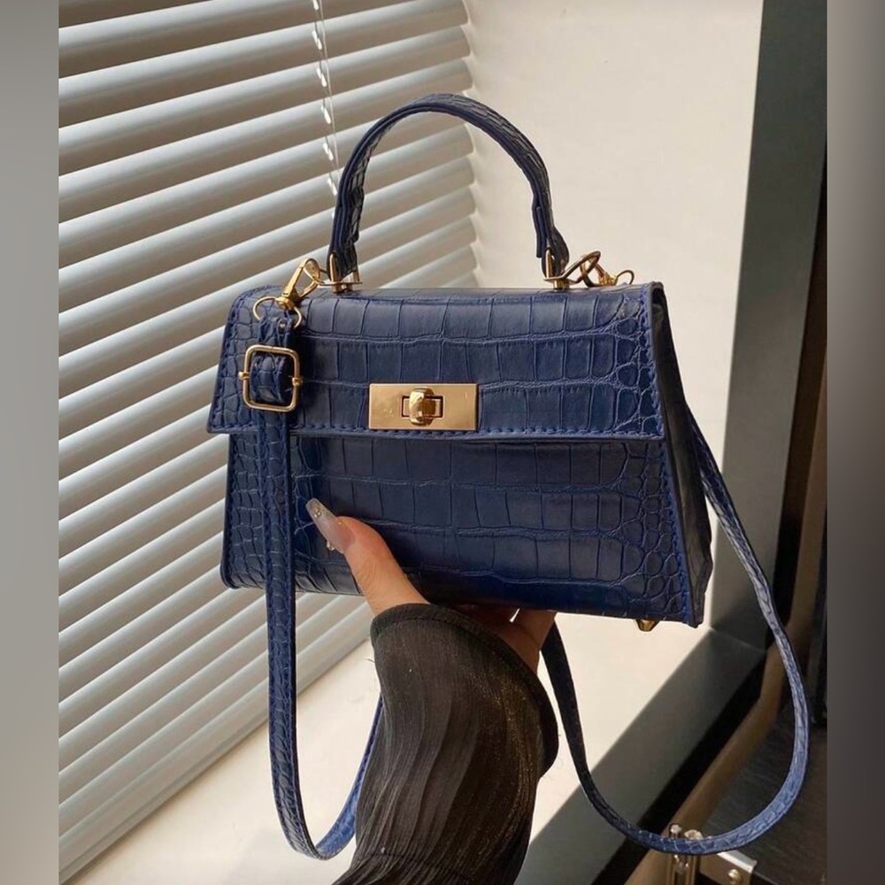 Mini Crocodile Embossed Square Bag Blue w/ Gold and Pearl Charm New